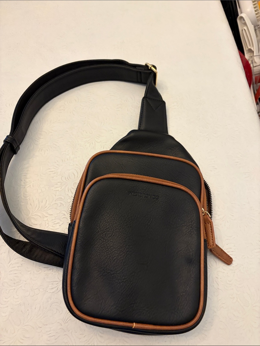 Black Crossbody Sling Bag with Brown Trim